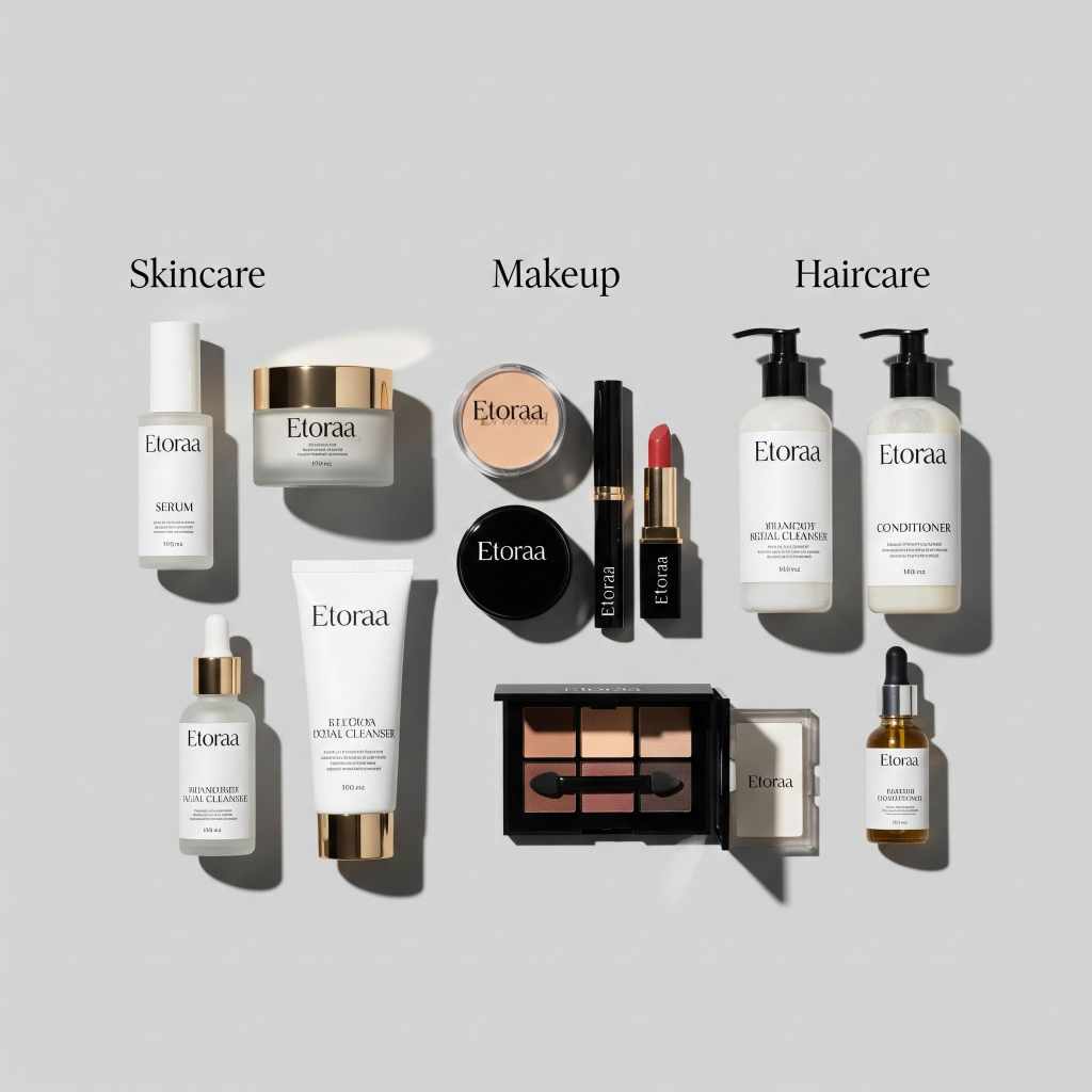 Flat lay of Etoraa beauty products including skincare serums, cleansers, creams, makeup essentials, and haircare bottles, arranged neatly under categories Skincare, Makeup, and Haircare on a light gray background.