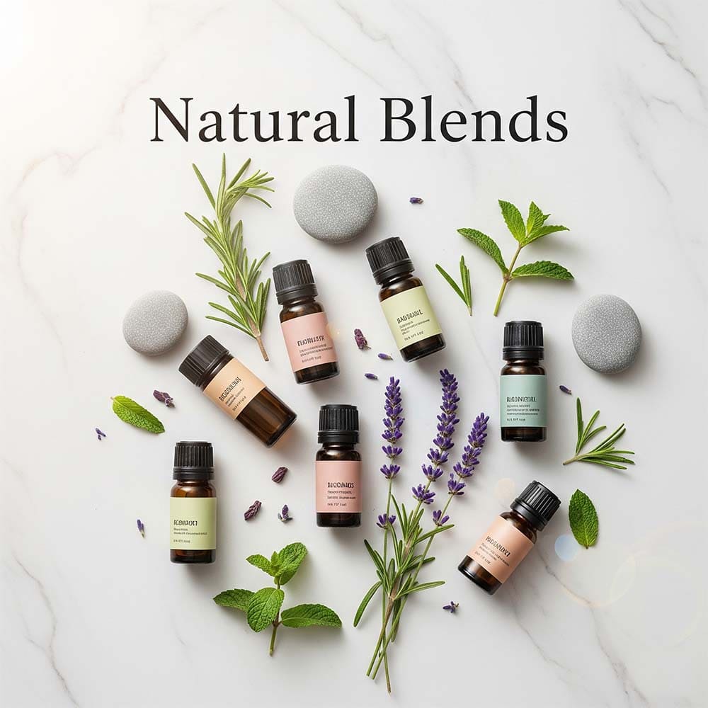 Flat lay of essential oil bottles labeled with different blends, surrounded by fresh herbs (lavender, rosemary, mint) and smooth gray stones on a white marble background with the title “Natural Blends.