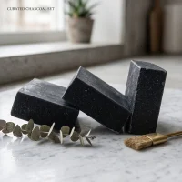 Activated charcoal soap bars in natural bath setting