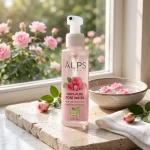 Rose water spray Alps Goodness bottle in floral skincare setting