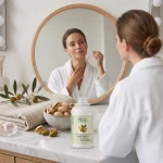 Woman applying neck decolletage oil for anti-aging skincare