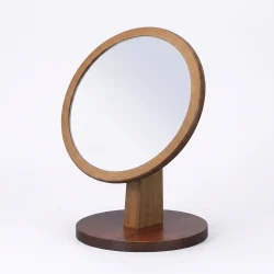 Tabletop makeup mirror with brown round frame