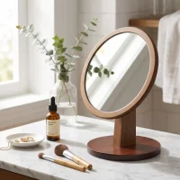 Tabletop makeup mirror with brown round frame