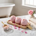 Cherry blossom bath bomb with Himalayan salt in soft bath setting