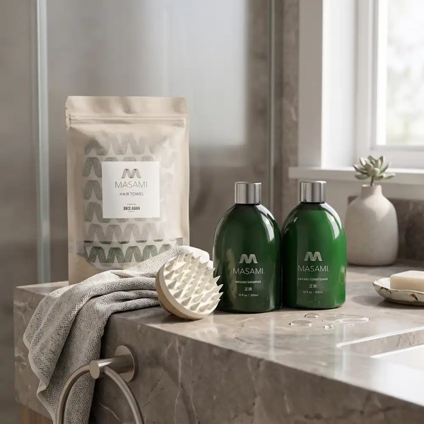 MASAMI shower bundle shampoo conditioner towel and scalp scrubber