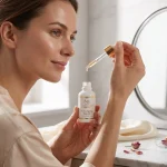 Woman applying anti-aging serum with hyaluronic acid