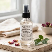 Rosewater facial mist toner spray in soft skincare setting