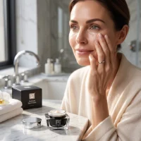 Woman applying platinum eye cream under eyes for anti-aging skincare