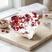 Rose heart bath bomb with rose petals and jojoba oil