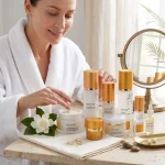 Woman using 50s skincare set for mature skin routine