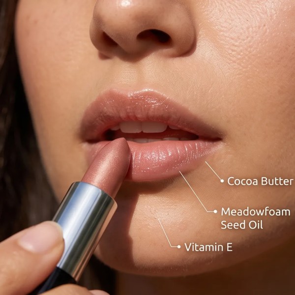 A woman with a glowing complexion applying a sheer soft bronze lip balm. The bottom section features the lip balm tube alongside four gold icons representing a radiant finish, lip hydration, organic ingredients, and a cruelty-free formula.