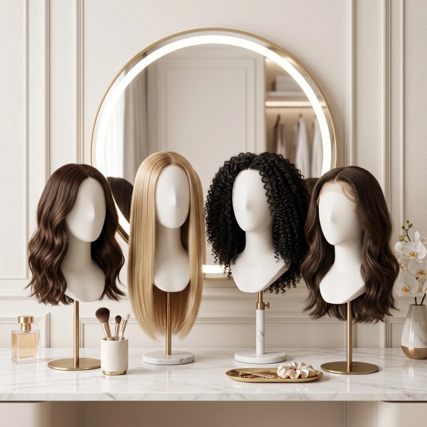 Premium women's wigs displayed on mannequin heads for Etoraa wigs category