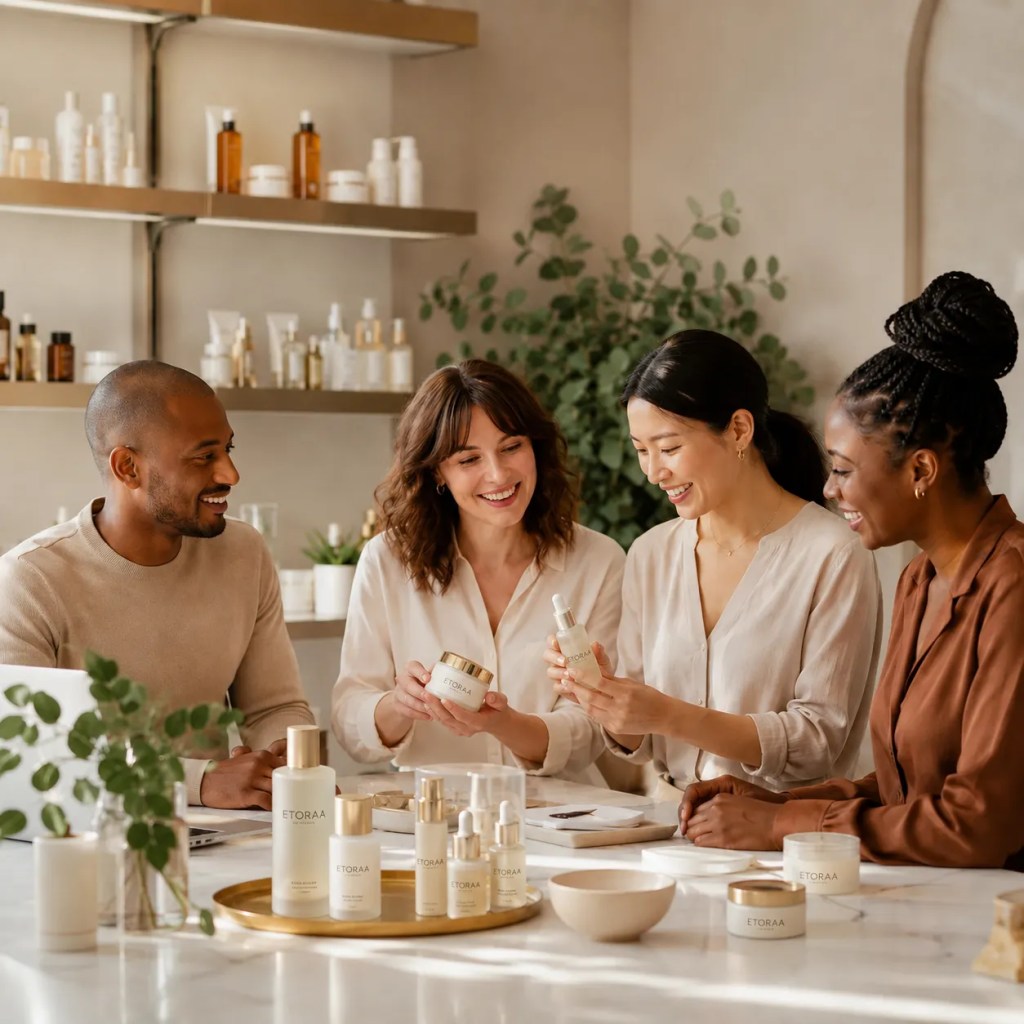 Diverse beauty team discussing premium skincare and self-care products in a modern studio for Etoraa