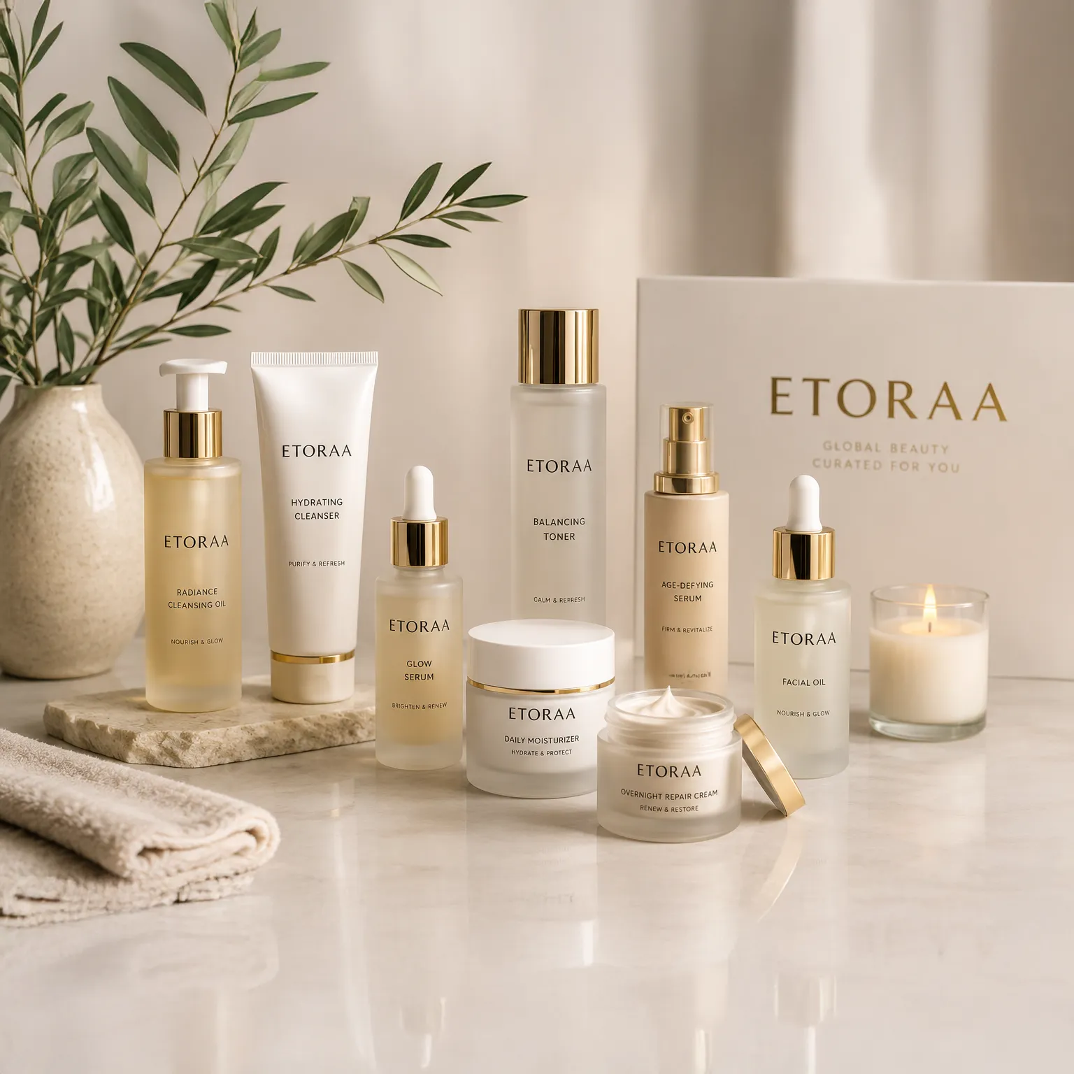 Premium Etoraa skincare and self-care products displayed in an elegant neutral beauty setting