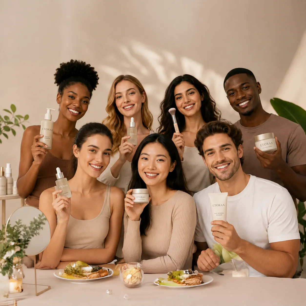 Diverse group of beauty customers holding skincare and cosmetic products for Etoraa global beauty destination1