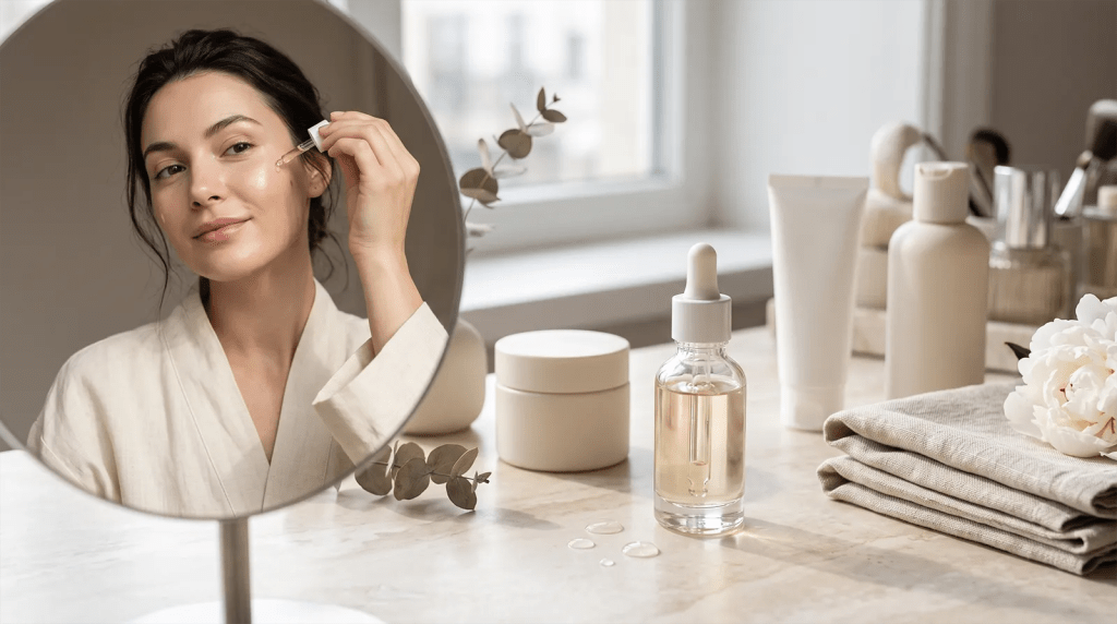 PDRN serum skincare routine products on a luxury vanity with radiant skin beauty setting